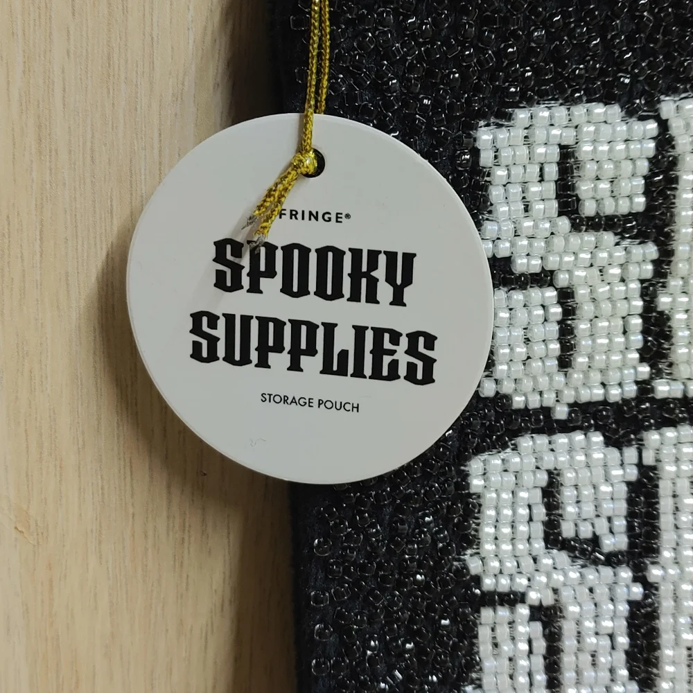 Spooky Season Beaded Halloween Pouch Clutch Black 6 1/4